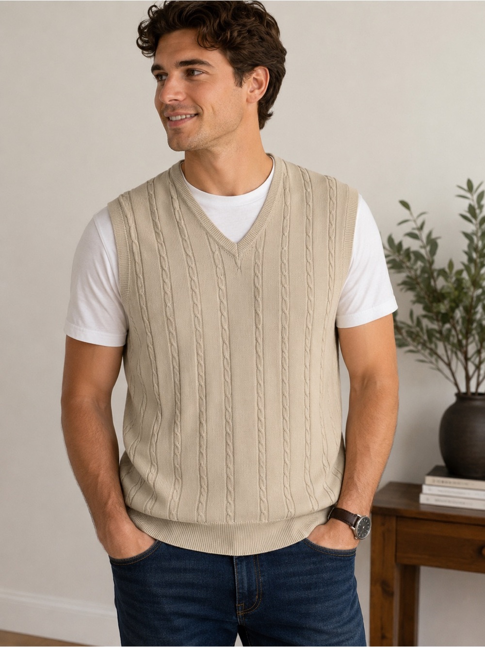 Mens Dockers Sleeveless Beige Cable Knit Sweater Vest Size XL. Missing tags